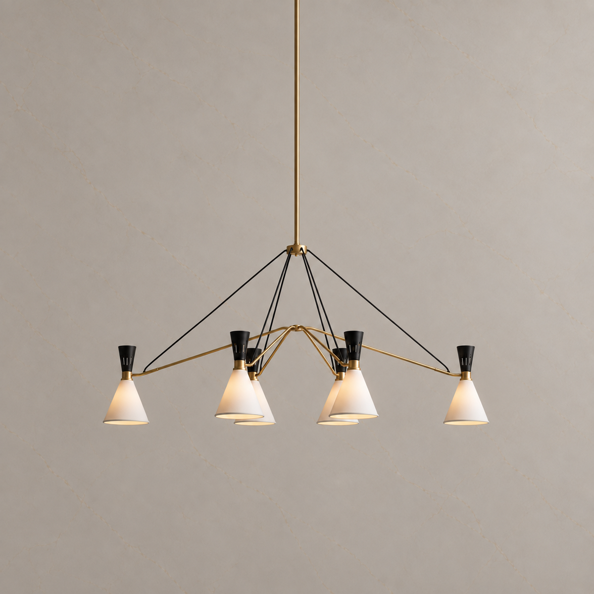 Ramsey six-light satin brass linear chandelier illuminated, catalog front view | CARRA HOME