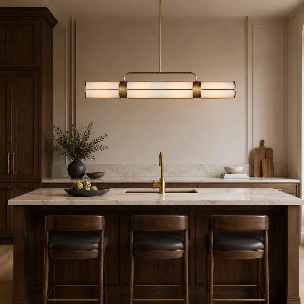 Remming Metal Linear Chandelier above a kitchen island