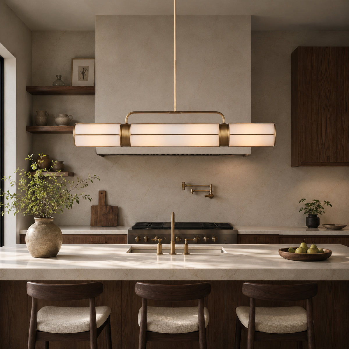 Remming Metal Linear Chandelier above a kitchen island