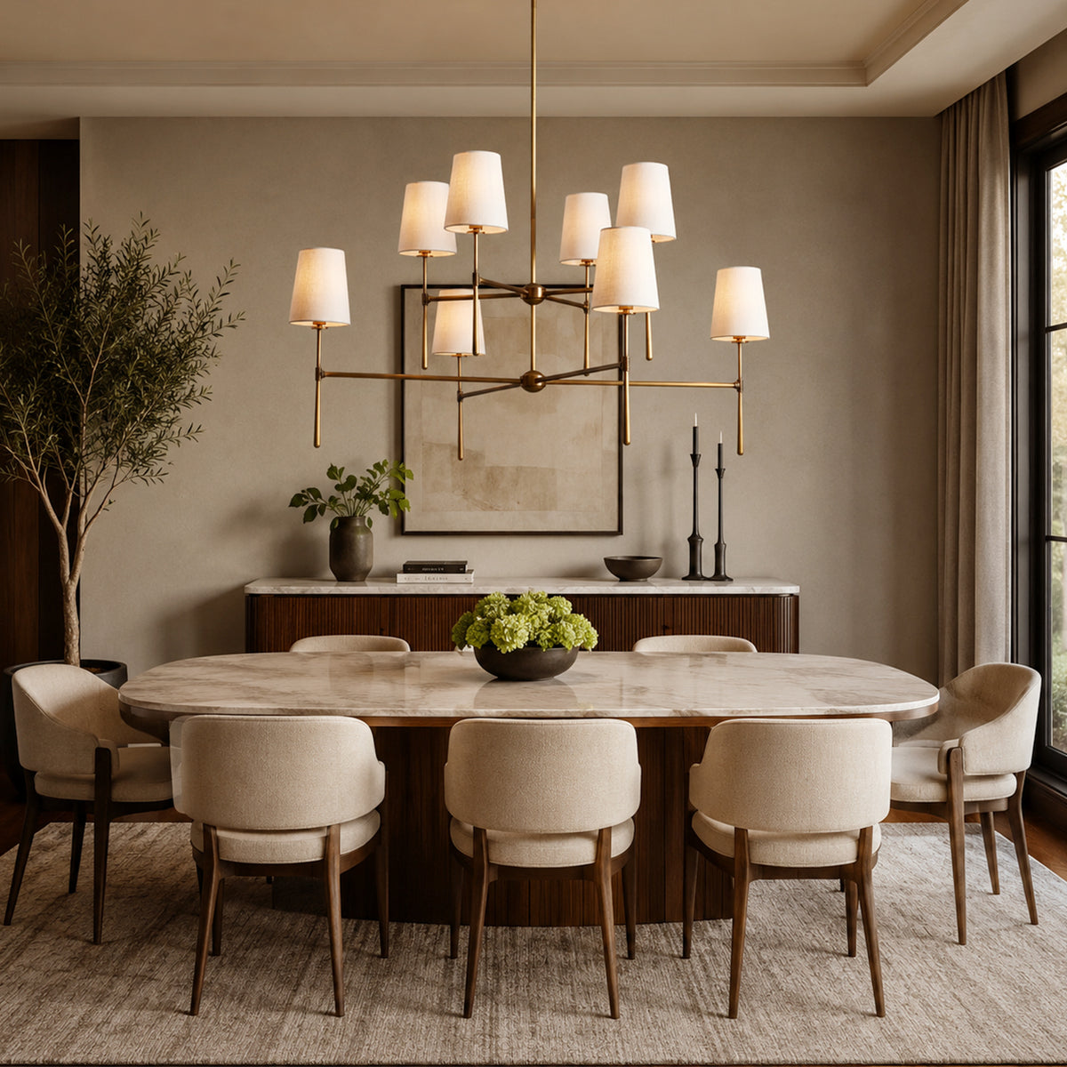 Rhodes Copper Eight-Light Branch Chandelier above a dining table