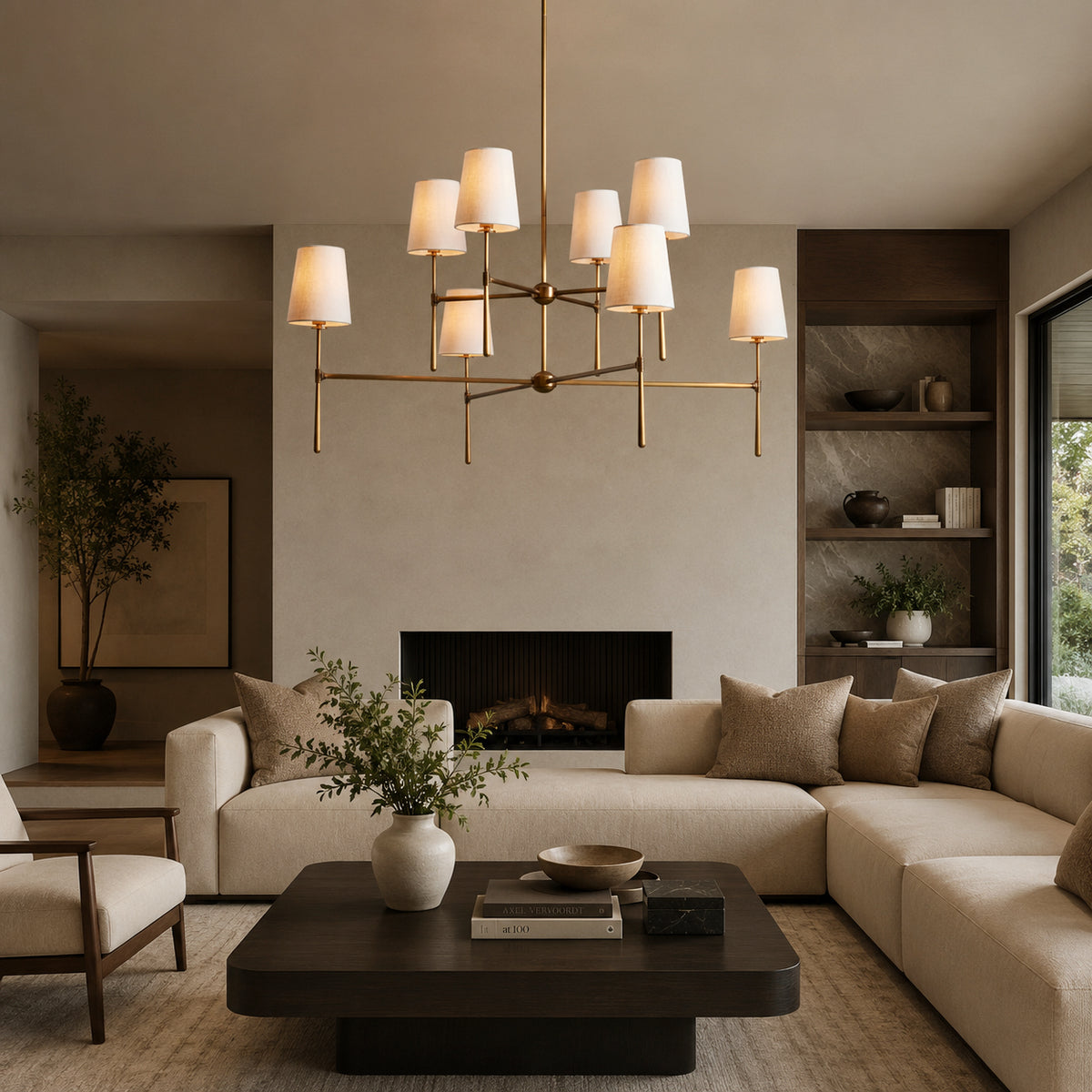 Rhodes Copper Eight-Light Branch Chandelier in a living room