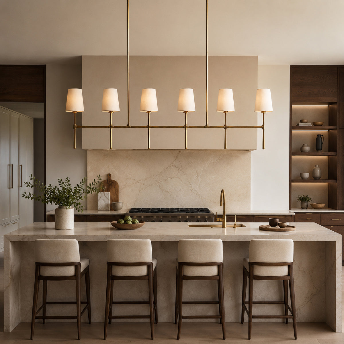 Rhodes Copper Linear Chandelier above a kitchen island