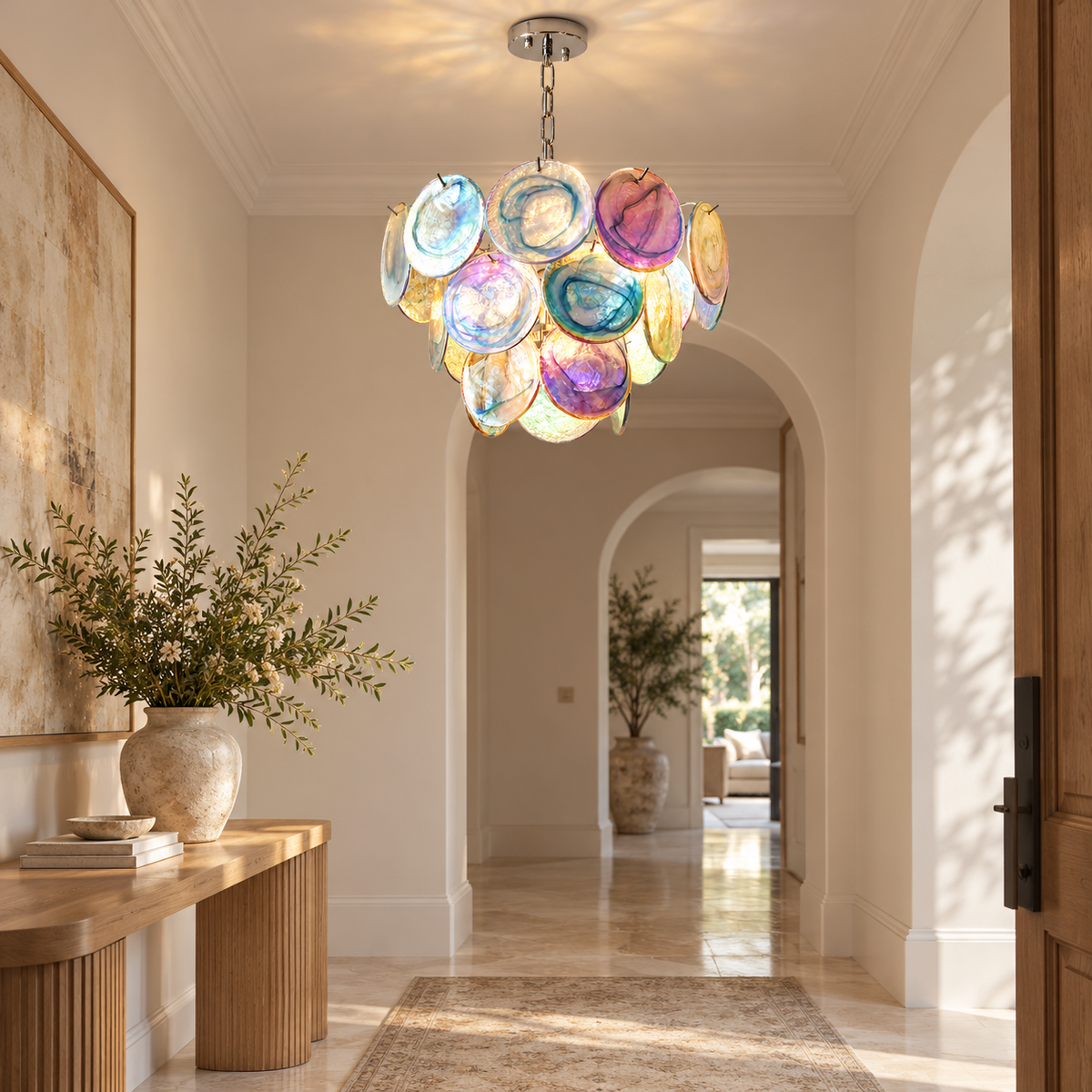 Roselle Colorful Glass Disc Cluster Chandelier, colorful entryway | CARRA HOME