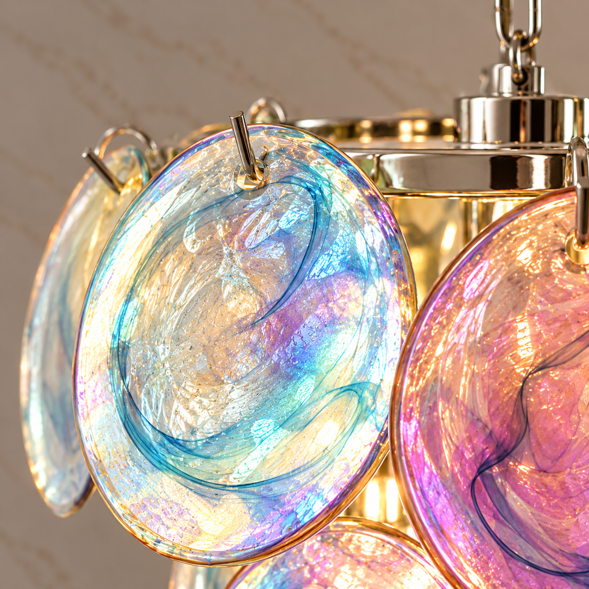 Roselle Colorful Glass Disc Cluster Chandelier, colorful glass disc detail | CARRA HOME