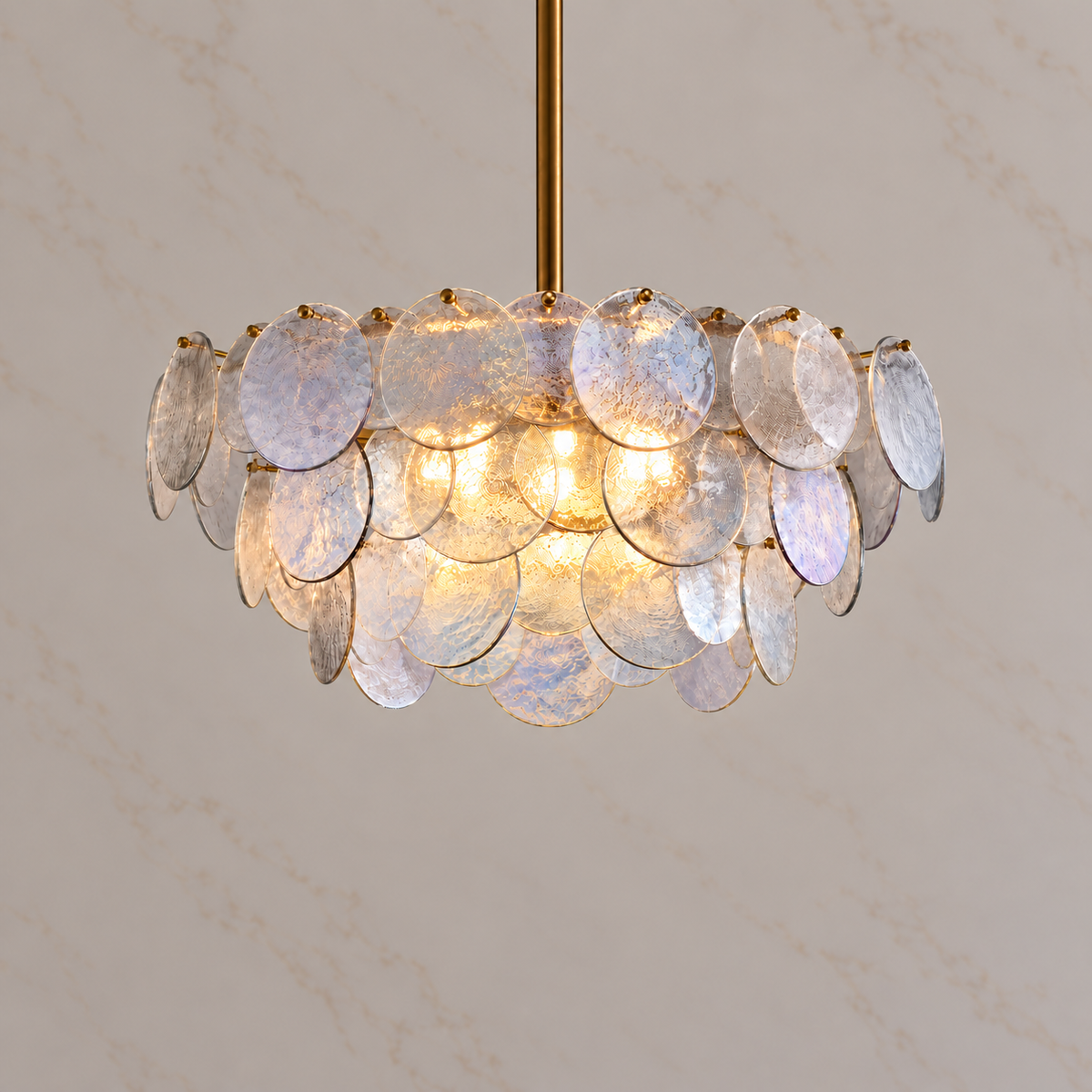 Roselle Iridescent Glass Disc Chandelier, 60cm, light on | CARRA HOME