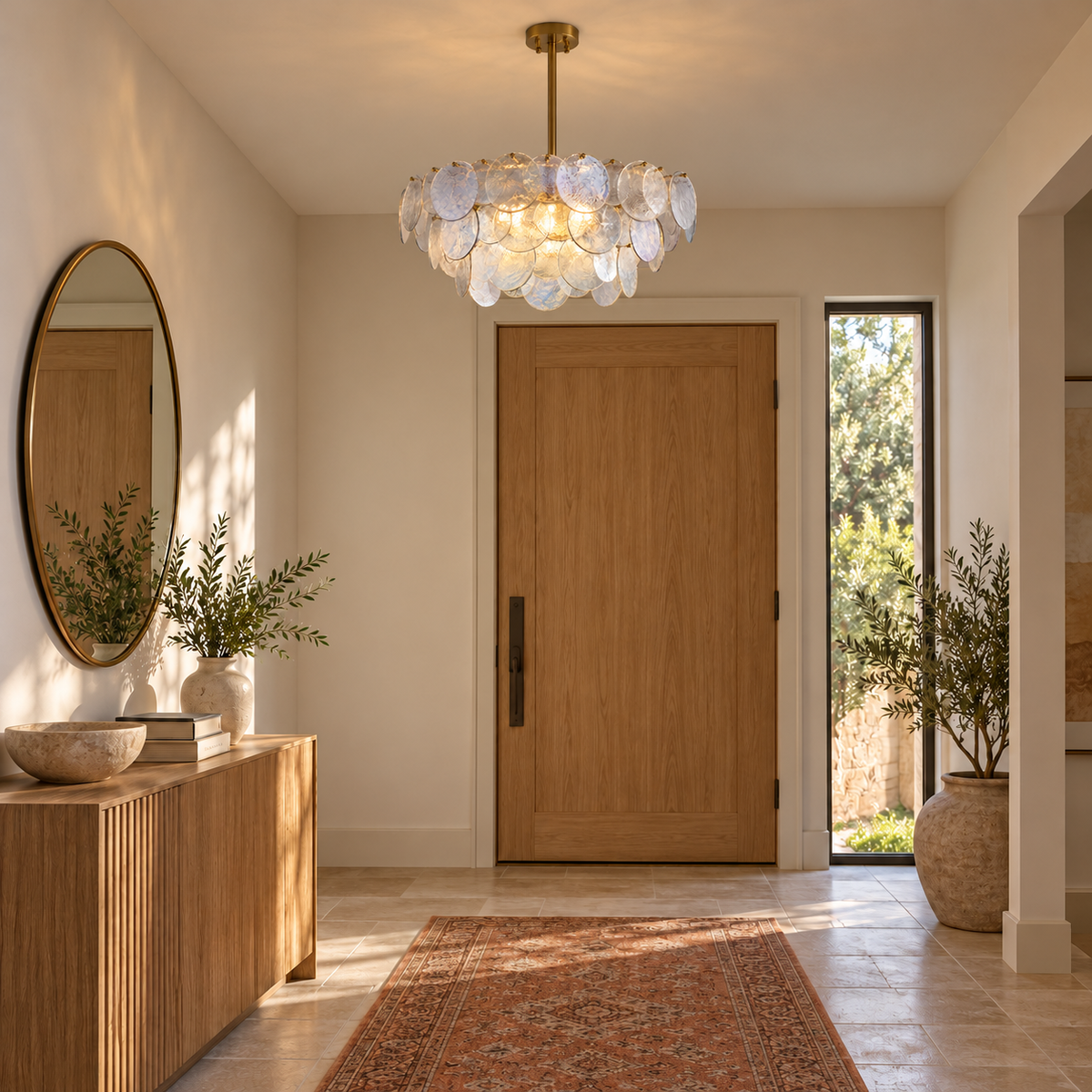 Roselle Iridescent Glass Disc Chandelier, 80cm with 35cm body and 30cm fixed rod in a proportioned entryway interior | CARRA HOME