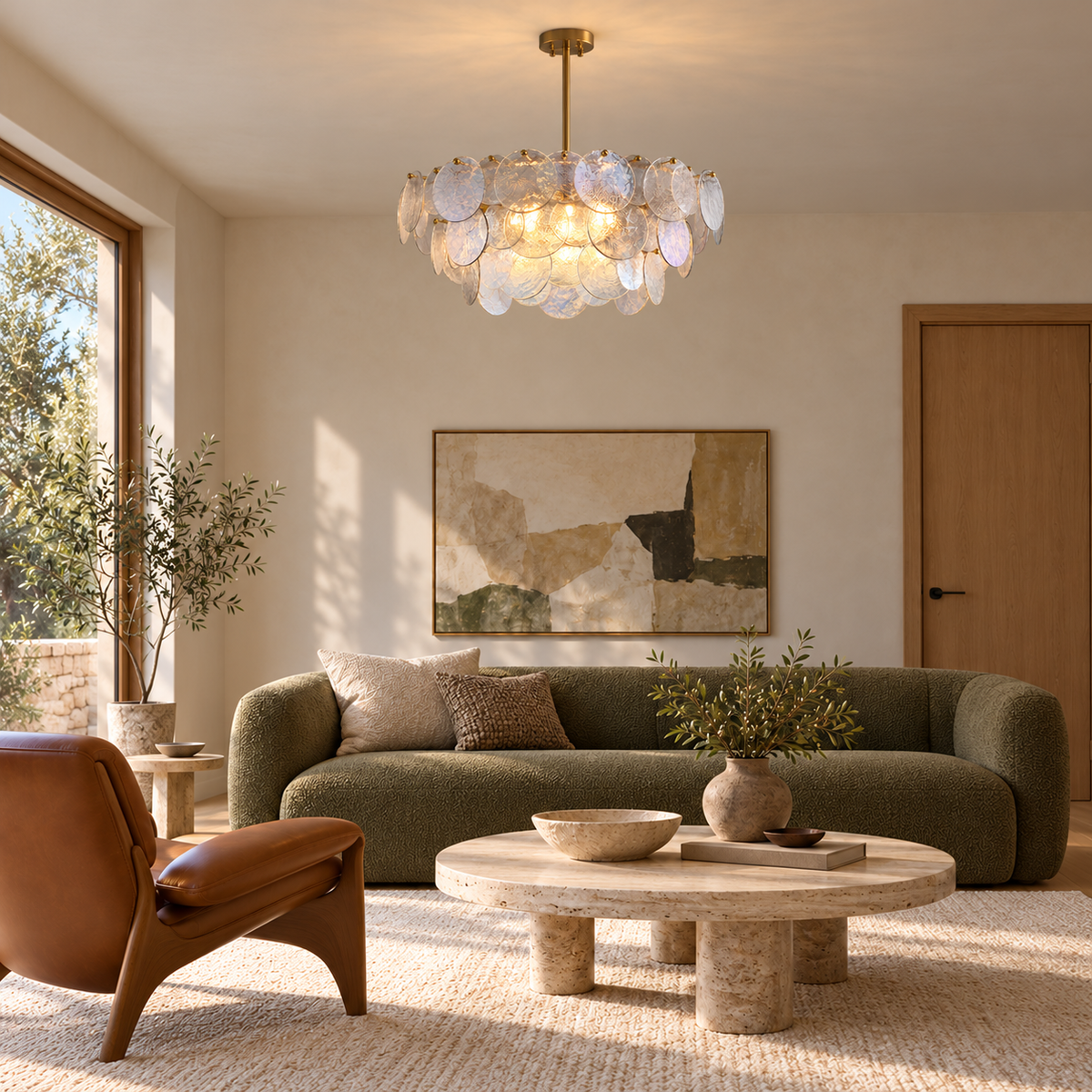 Roselle Iridescent Glass Disc Chandelier, 80cm with 35cm body and 30cm fixed rod in a proportioned living interior | CARRA HOME