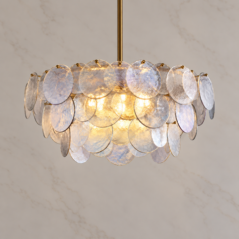 Roselle Iridescent Glass Disc Chandelier, 80cm, light on, concentric textured iridescent glass | CARRA HOME
