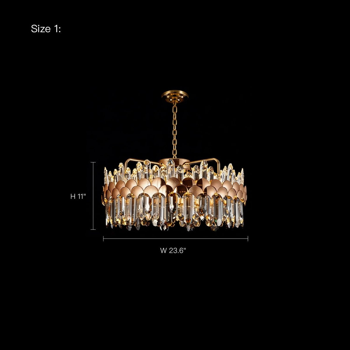 dimension diagram of gold round crystal chandelier showing 24 inch width and 11 inch height | Carra Home