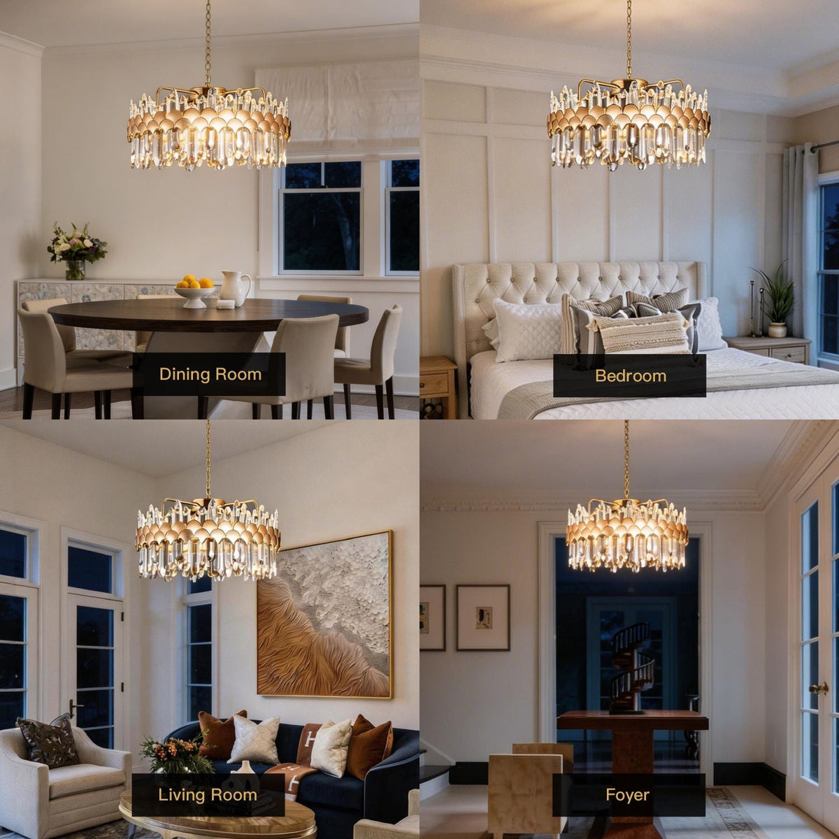 modern gold round crystal chandelier used in dining room bedroom living room and foyer interior spaces | Carra Home