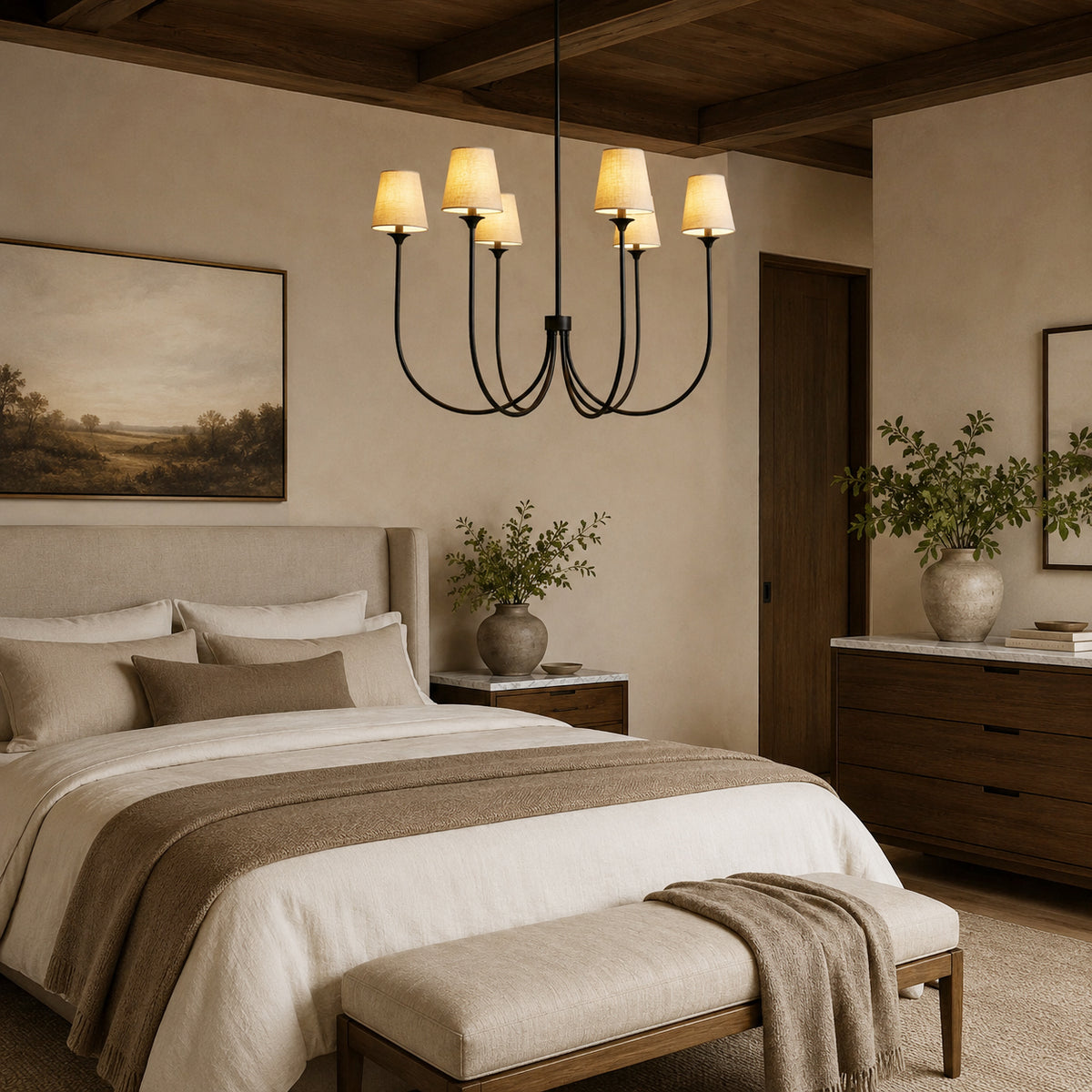 Saige Metal Round Chandelier in a bedroom