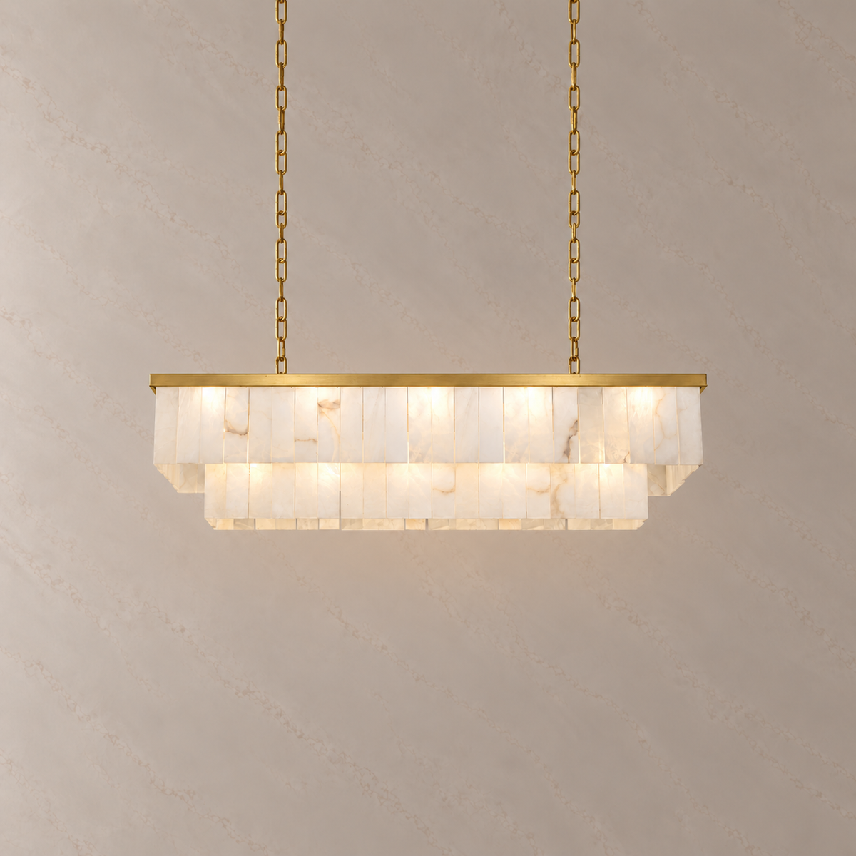 Saloren Alabaster Double Linear Chandelier, gold, 120 cm, compact chain suspension, light on | CARRA HOME