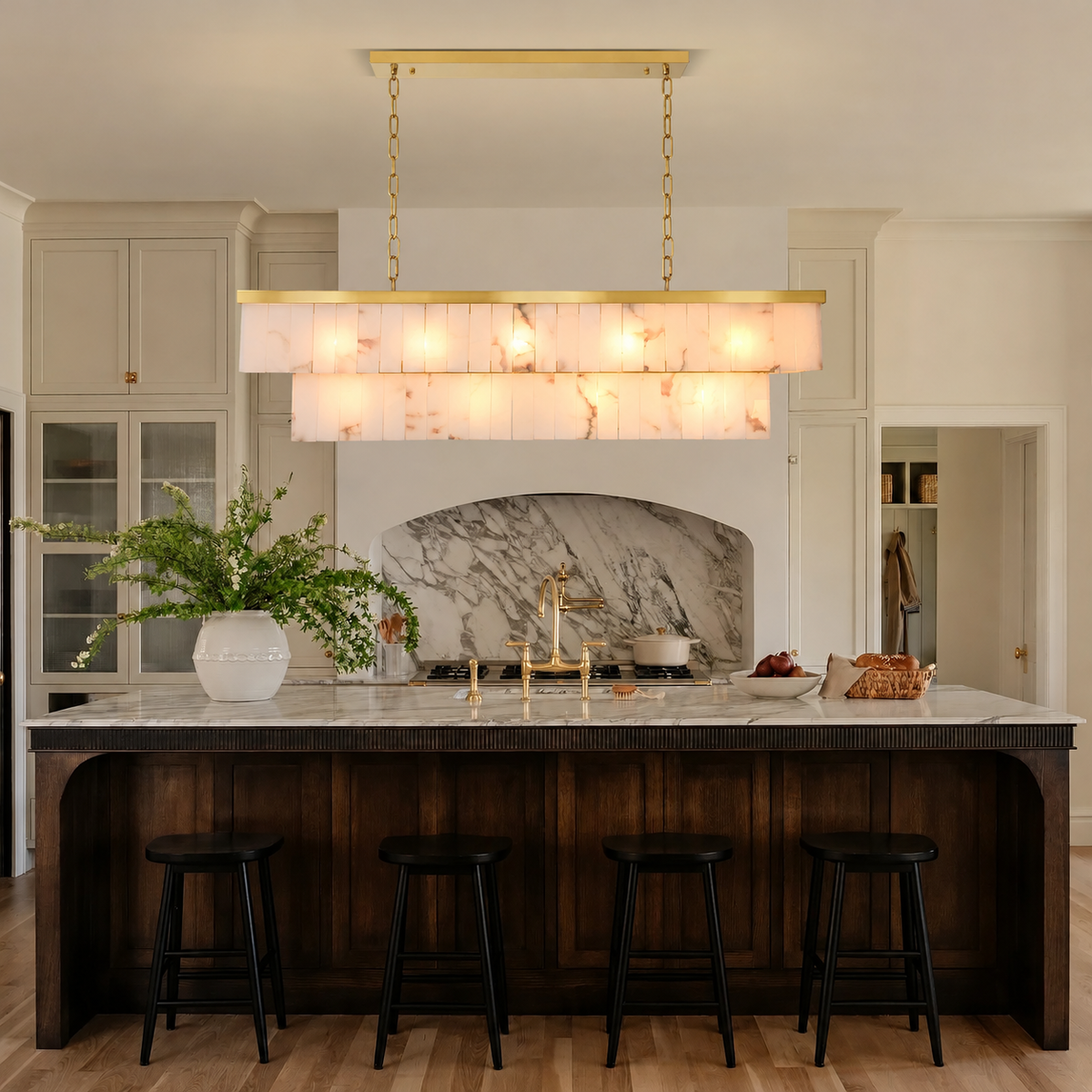 Saloren Alabaster Double Linear Chandelier with gold chain suspension in classic kitchen | CARRA HOME