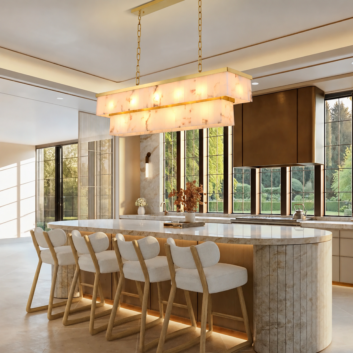 Saloren Alabaster Double Linear Chandelier with gold chain suspension in kitchen island | CARRA HOME