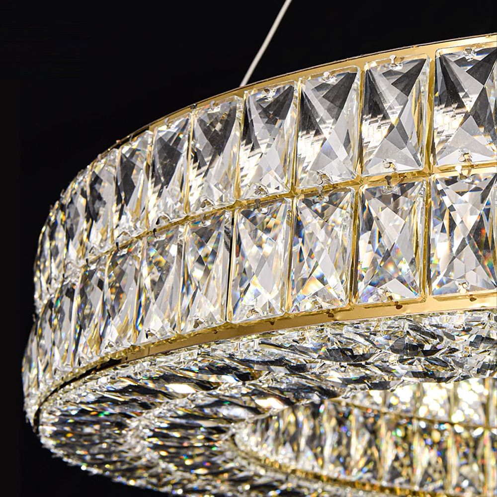 Close-up of Selene Chandelier’s crystal prisms — precision-cut square facets, gold-tone metal bands, and light refraction creating dazzling rainbow sparkle | Carra Home