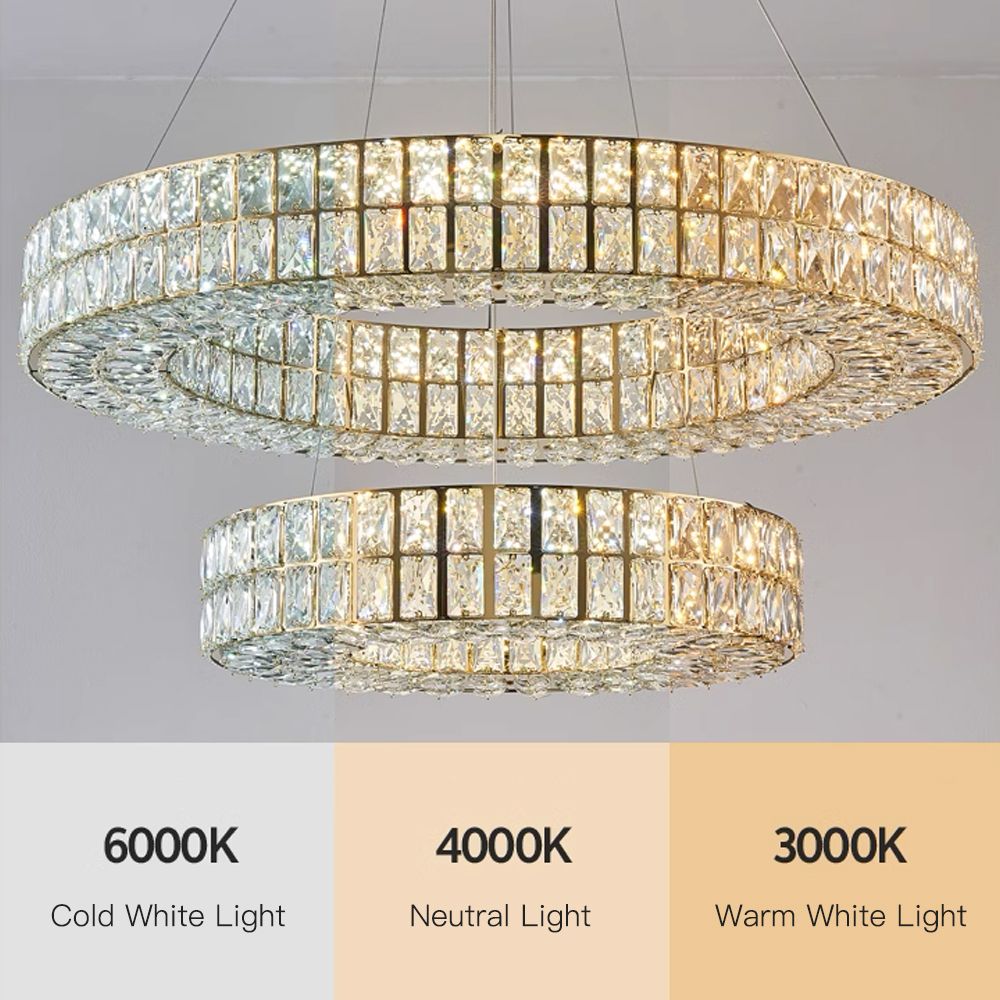 Selene Crystal Double-Ring Chandelier dimming & color temperature demo — 6000K cool, 4000K neutral, 3000K warm white, showcasing adjustable brightness for any mood | Carra Home