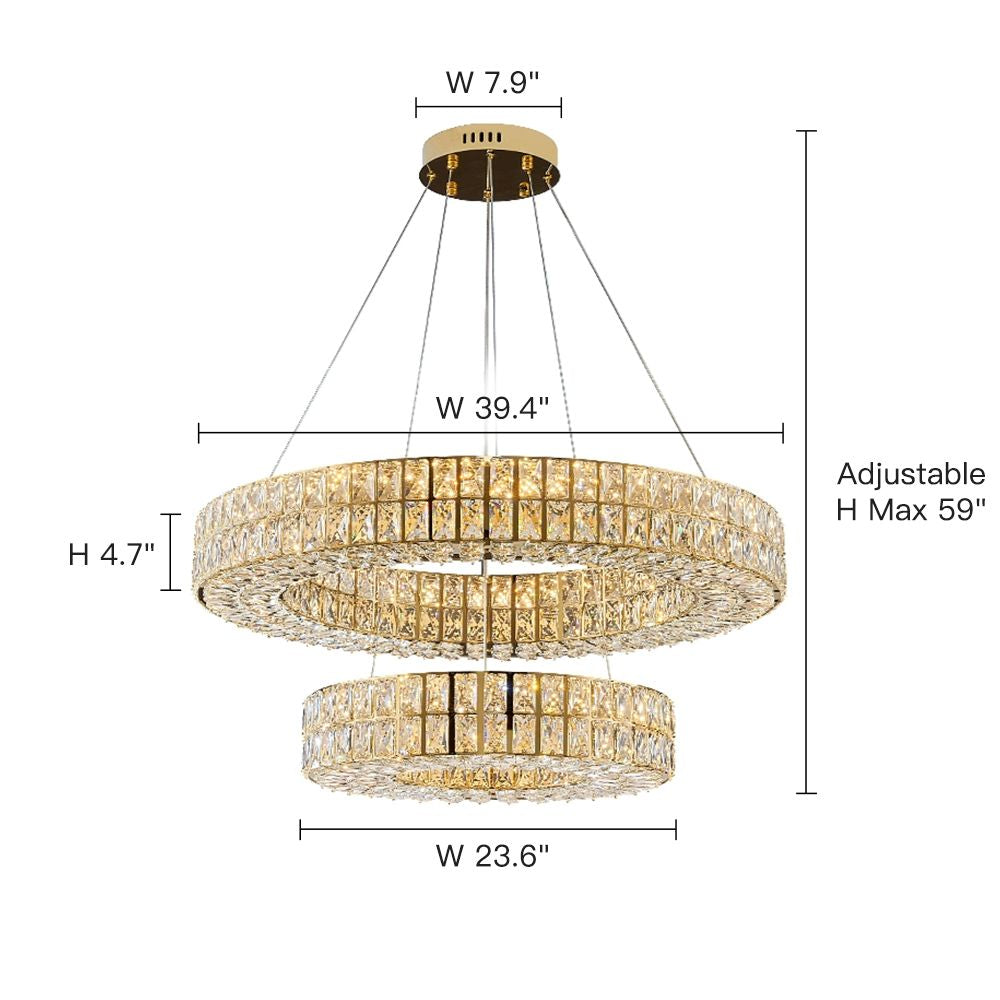 Selene Chandelier spatial diagram — shows placement over round dining table (W 39.4"), with adjustable hanging height (max 59") for optimal illumination and visual balance | Carra Home