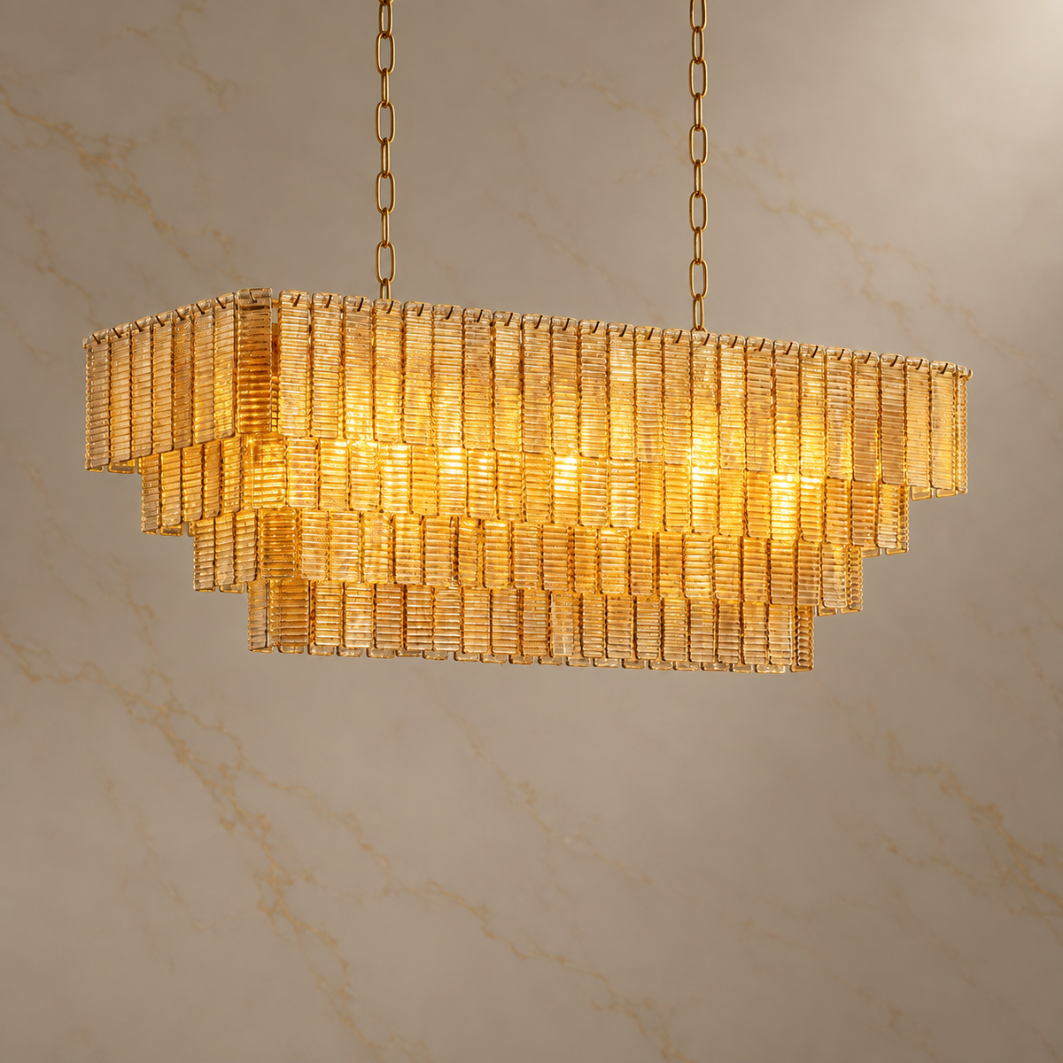 Sirene Modern Ribbed Glass Tiered Chandelier with lights on