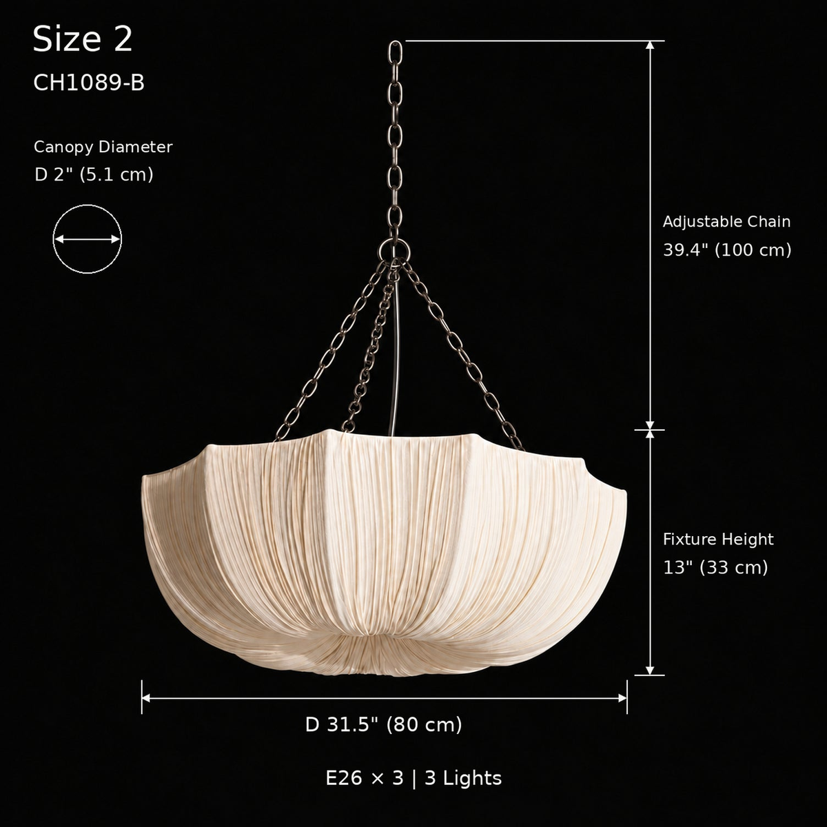 Aldwin CH1089-B Size 2 black-background photographic dimension image: 80 cm diameter, 33 cm fixture height, 100 cm adjustable chain, 5.1 cm canopy and E26 × 3 | CARRA HOME