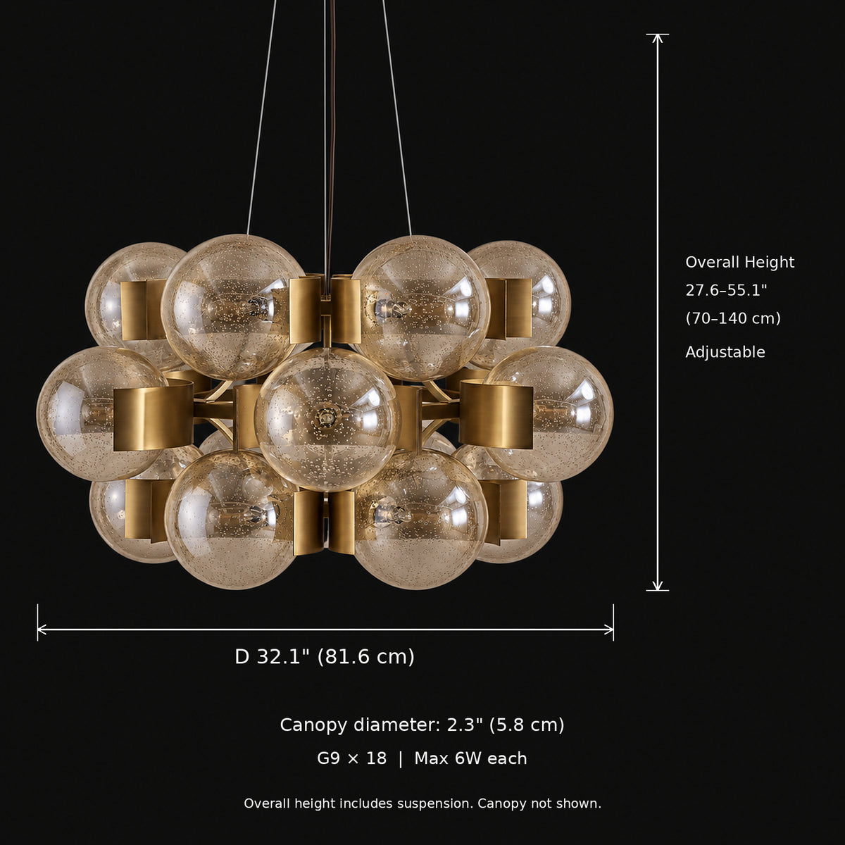 Allis 18-light chandelier dimensions: diameter 32.1 inches, adjustable overall height 27.6 to 55.1 inches | CARRA HOME