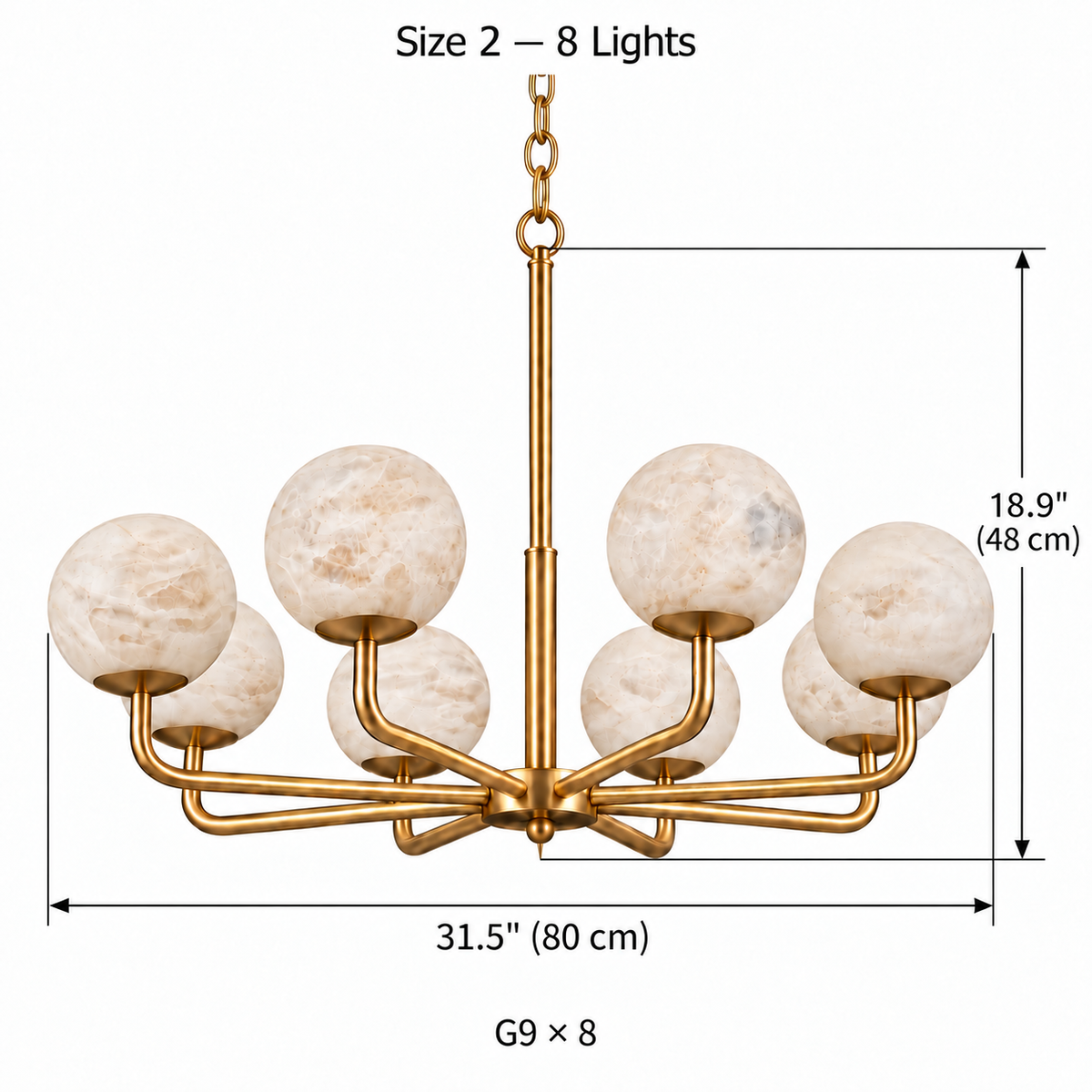 Astera alabaster globe chandelier, Size 2, 8 lights, D 80 cm × H 48 cm dimension diagram | CARRA HOME