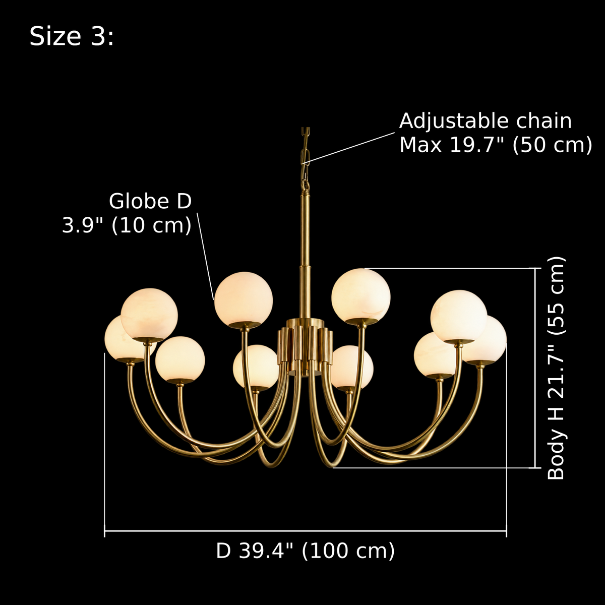 Aurin Alabaster Globe Chandelier dimensions, 10 lights, D 100 cm × body H 55 cm, globe D 10 cm | CARRA HOME