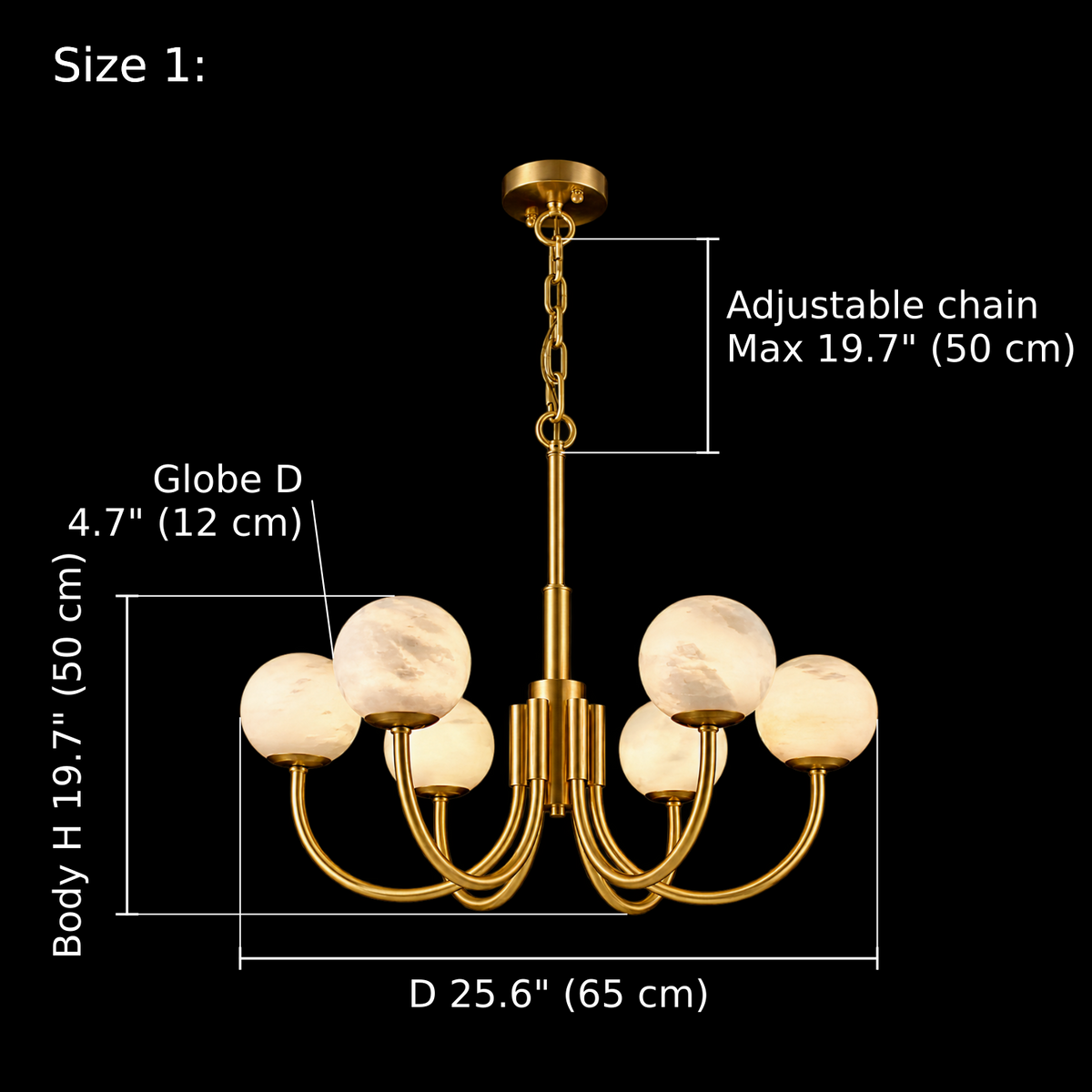 Aurin Alabaster Globe Chandelier dimensions, 6 lights, D 65 cm × body H 50 cm, globe D 12 cm | CARRA HOME