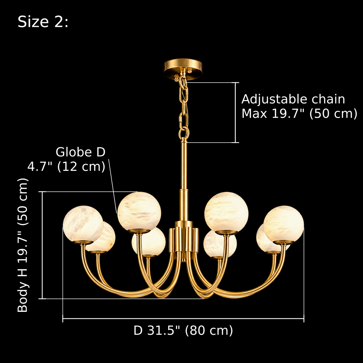 Aurin Alabaster Globe Chandelier dimensions, 8 lights, D 80 cm × body H 50 cm, globe D 12 cm | CARRA HOME