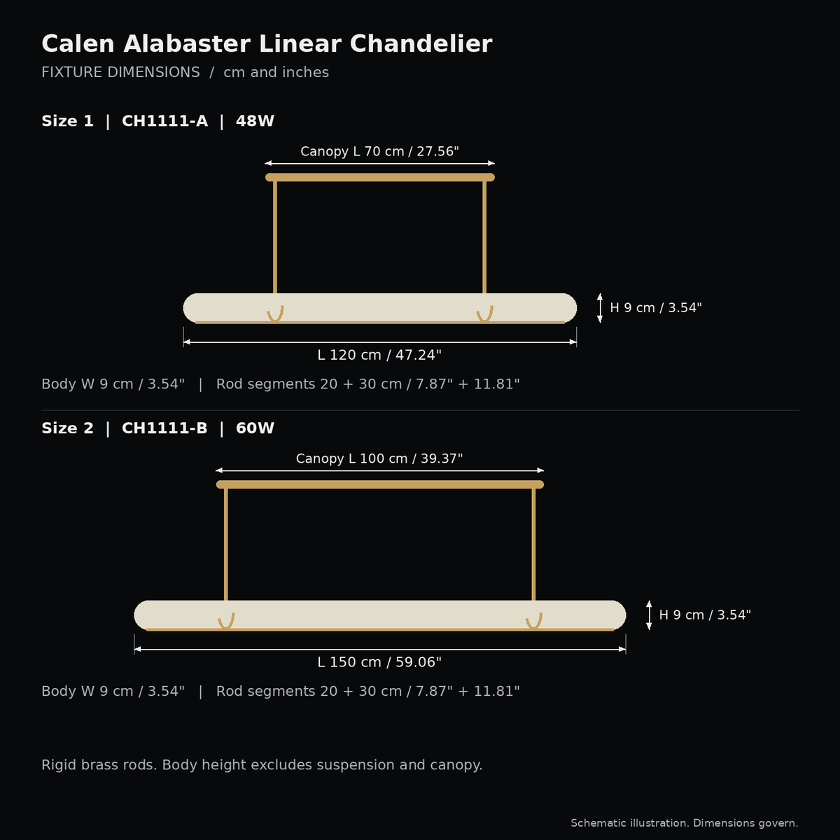 Calen Alabaster Linear Chandelier dimension chart showing every size separately on a black background | CARRA HOME
