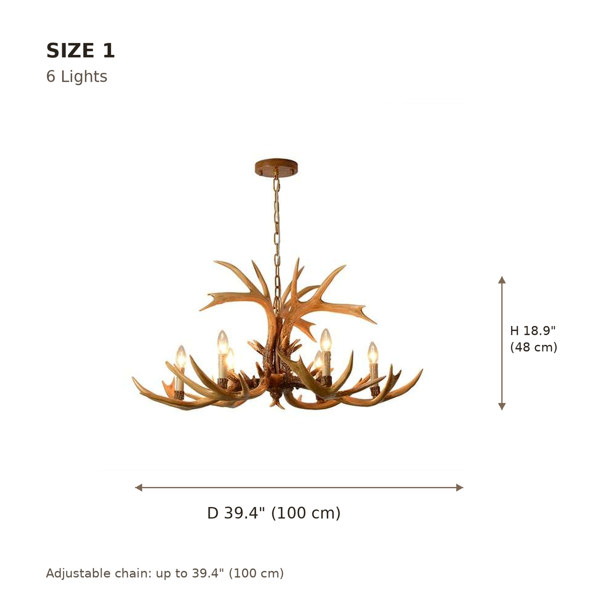 Cervan six-light chandelier size chart, 39.4 inch diameter | CARRA HOME