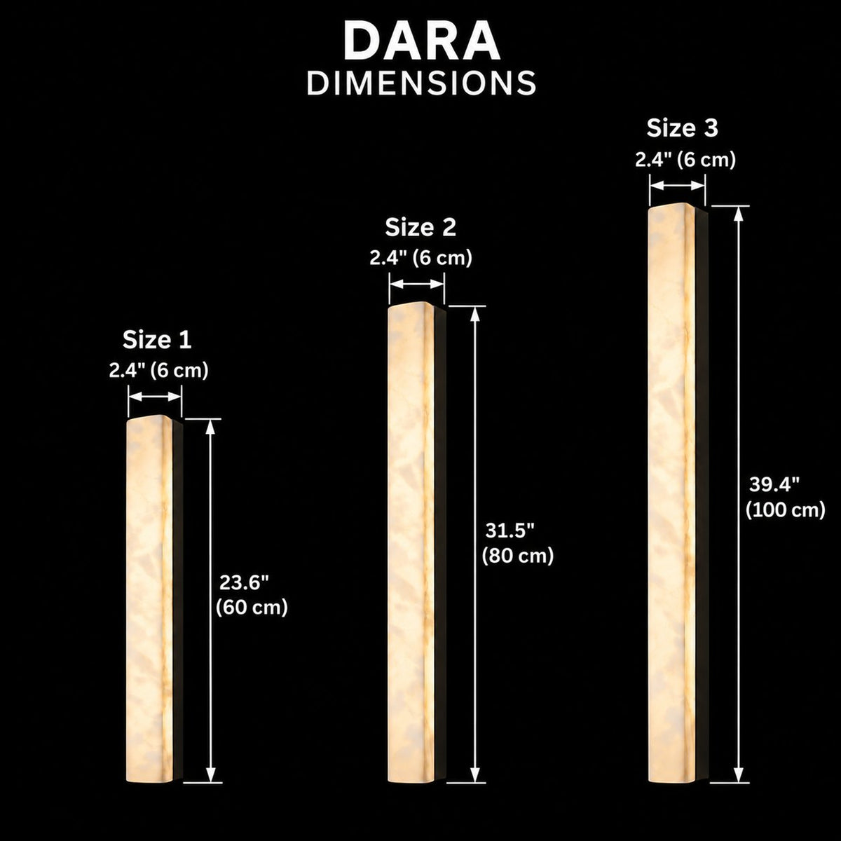 dara alabaster linear wall sconce black background dimension chart with individual measurement arrows; width 6 cm; heights 60, 80, 100 cm | CARRA HOME