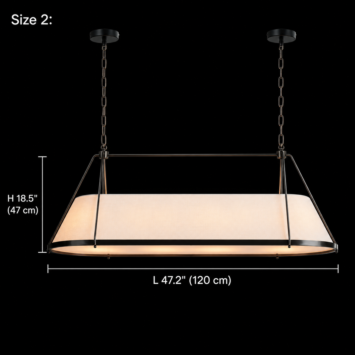 Ellery Linen Tapered Linear Chandelier, Black Size 2, 120 cm body length and 47 cm body height with two round canopies | CARRA HOME