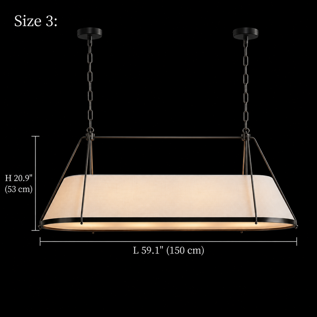 Ellery Linen Tapered Linear Chandelier, Black Size 3, 150 cm body length and 53 cm body height with two round canopies | CARRA HOME
