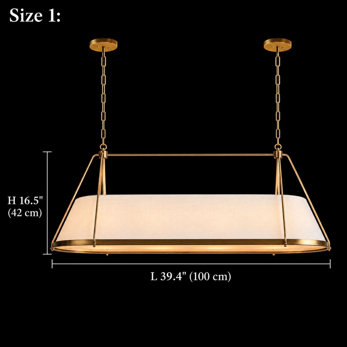 Ellery Linen Tapered Linear Chandelier, Gold Size 1, 100 cm body length and 42 cm body height with two round canopies | CARRA HOME