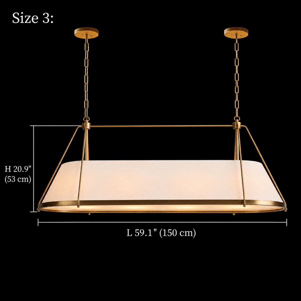 Ellery Linen Tapered Linear Chandelier, Gold Size 3, 150 cm body length and 53 cm body height with two round canopies | CARRA HOME