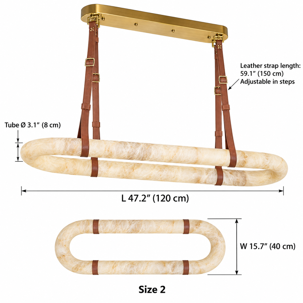 Elwin alabaster leather oval chandelier Size 2, L 120 cm x W 40 cm, tube diameter 8 cm, 150 cm adjustable leather straps | CARRA HOME