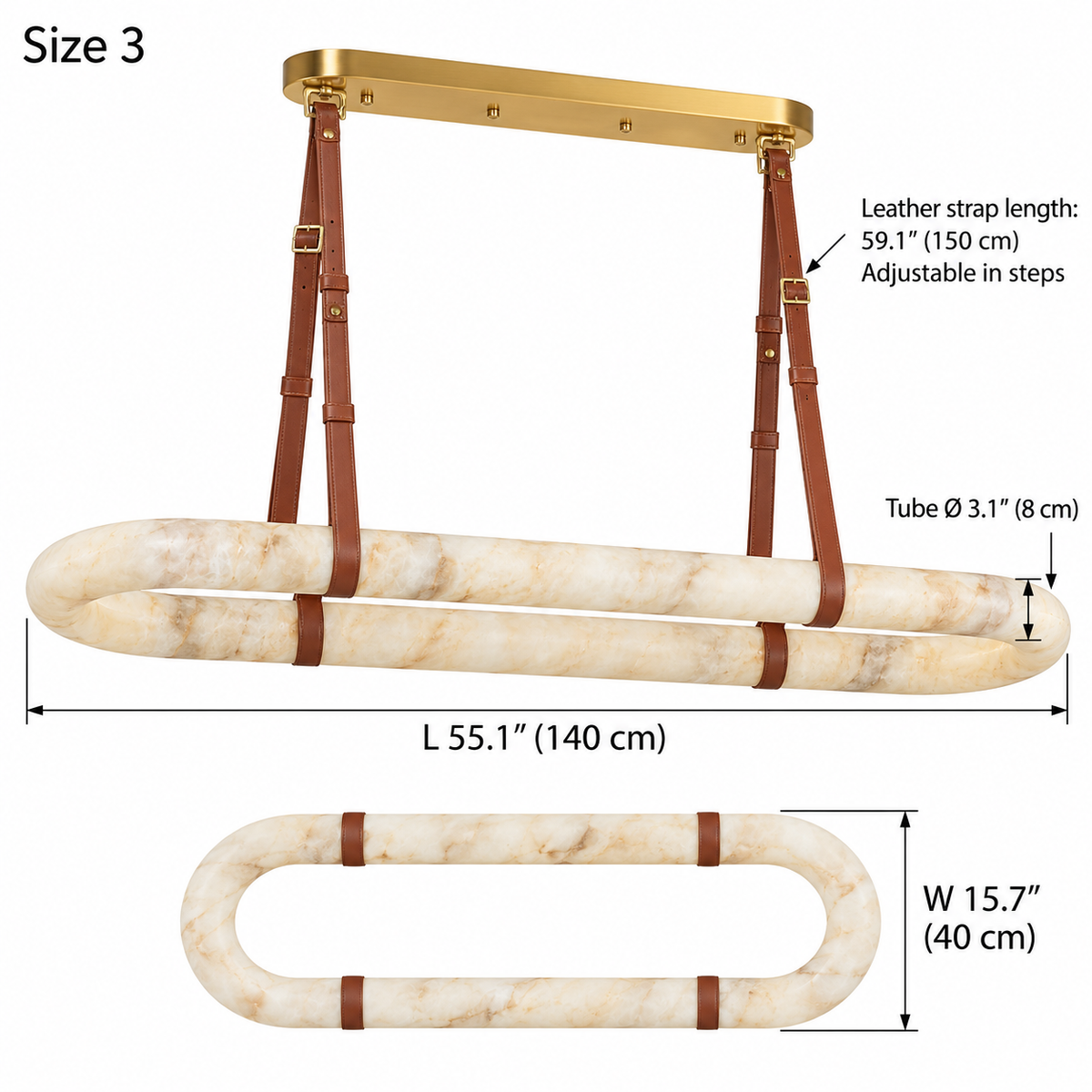 Elwin alabaster leather oval chandelier Size 3, L 140 cm x W 40 cm, tube diameter 8 cm, 150 cm adjustable leather straps | CARRA HOME
