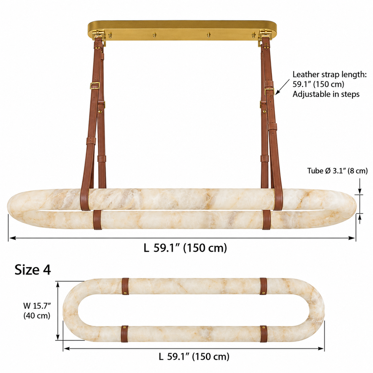Elwin alabaster leather oval chandelier Size 4, L 150 cm x W 40 cm, tube diameter 8 cm, 150 cm adjustable leather straps | CARRA HOME
