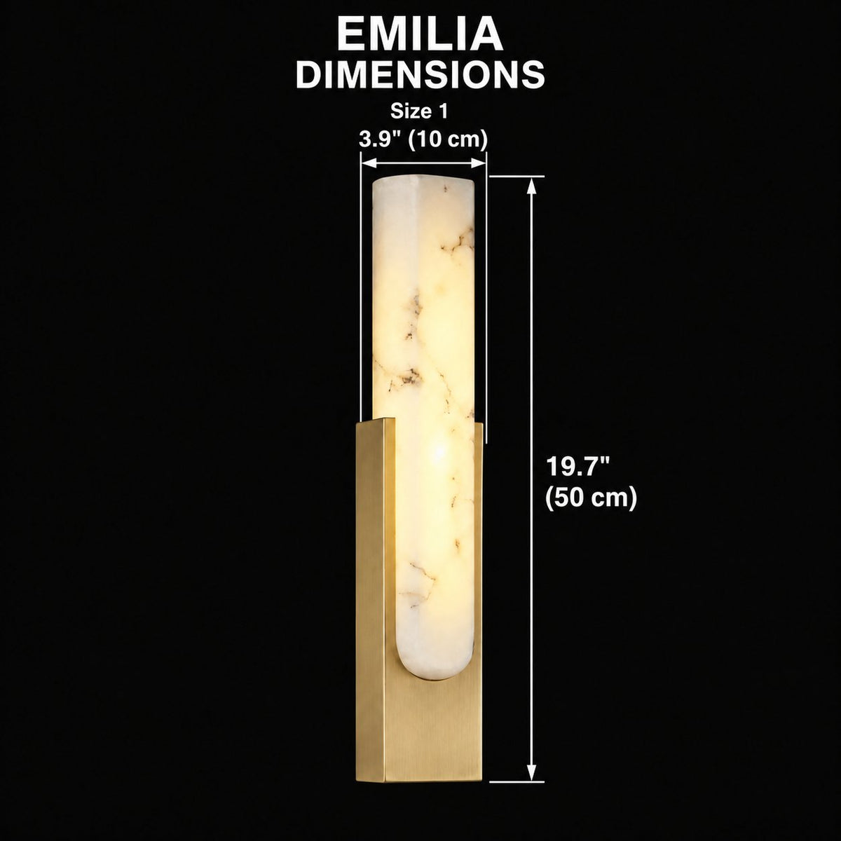 emilia alabaster wall sconce black background dimension chart with individual measurement arrows; width 10 cm; height 50 cm | CARRA HOME