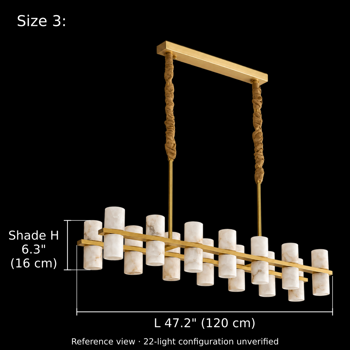 Size 3 dimension diagram of the Filari alabaster cylinder linear chandelier, L 47.2 inches (120 cm), individual shade H 6.3 inches (16 cm), full Gold canopy and fabric sleeves, reference view with fixture details varying by size, Carra Home lighting.; Reference view, configuration unverified | CARRA HOME