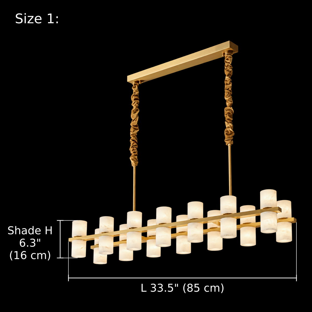 Size 1 dimension diagram of the Filari alabaster cylinder linear chandelier, L 33.5 inches (85 cm), individual shade H 6.3 inches (16 cm), full Gold canopy and fabric sleeves, Carra Home lighting. | CARRA HOME