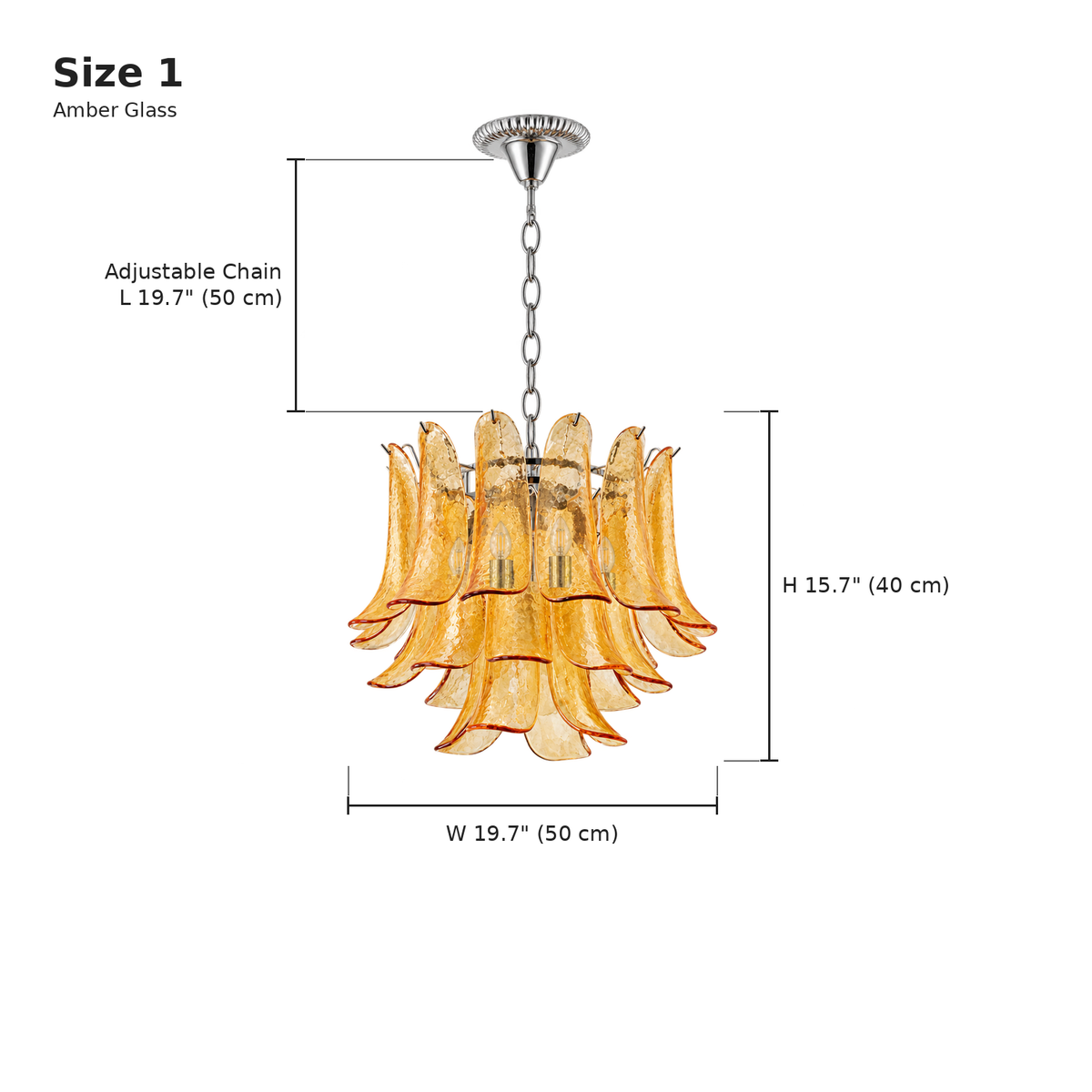 Florielle amber glass chandelier 50 cm, Size 1 dimensions, adjustable chain | CARRA HOME