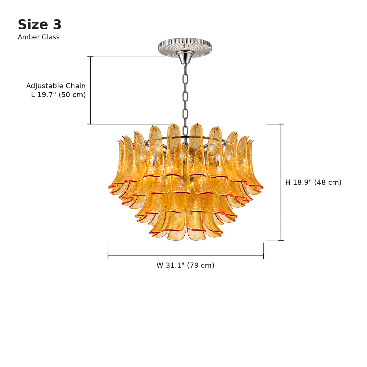 Florielle amber glass chandelier 79 cm, Size 3 dimensions, adjustable chain | CARRA HOME