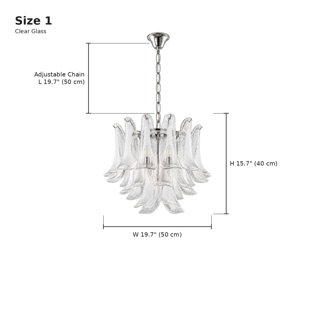 Florielle clear glass chandelier 50 cm, Size 1 dimensions, adjustable chain | CARRA HOME
