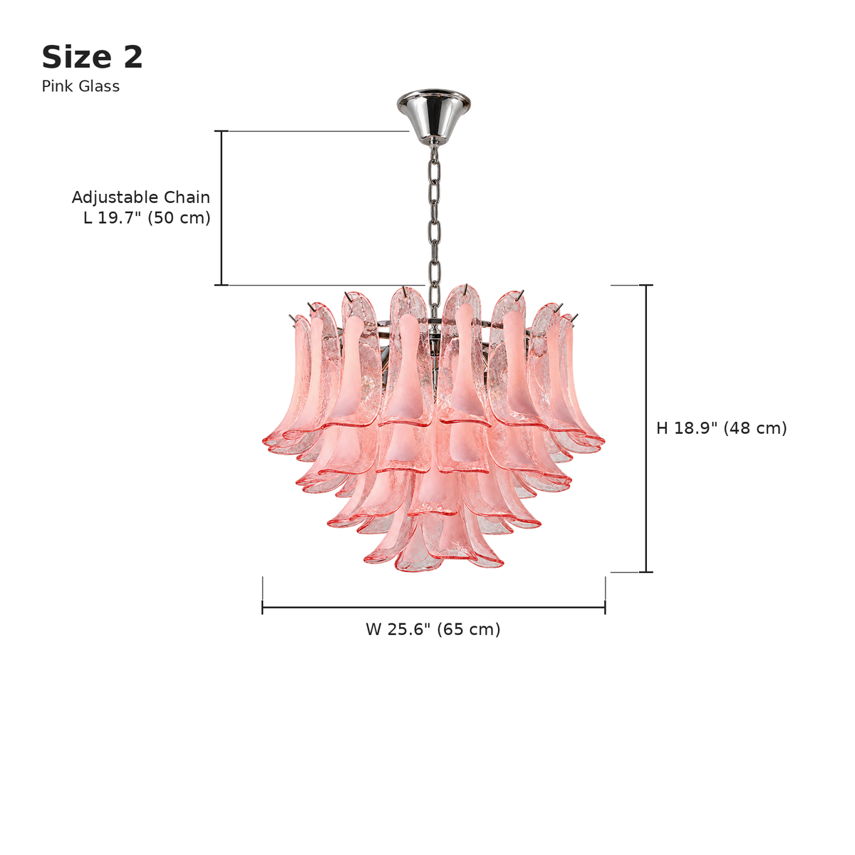 Florielle pink glass chandelier 65 cm, Size 2 dimensions, adjustable chain | CARRA HOME