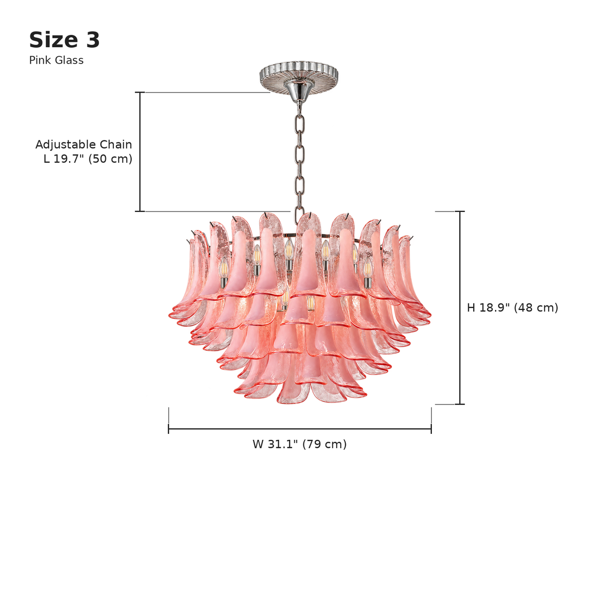 Florielle pink glass chandelier 79 cm, Size 3 dimensions, adjustable chain | CARRA HOME