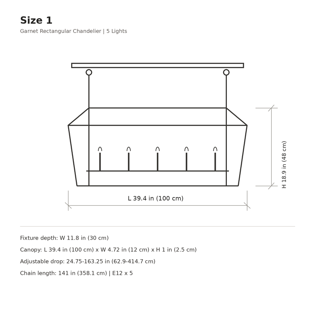 Garnet five-light chandelier dimension diagram, 100 cm long | CARRA HOME