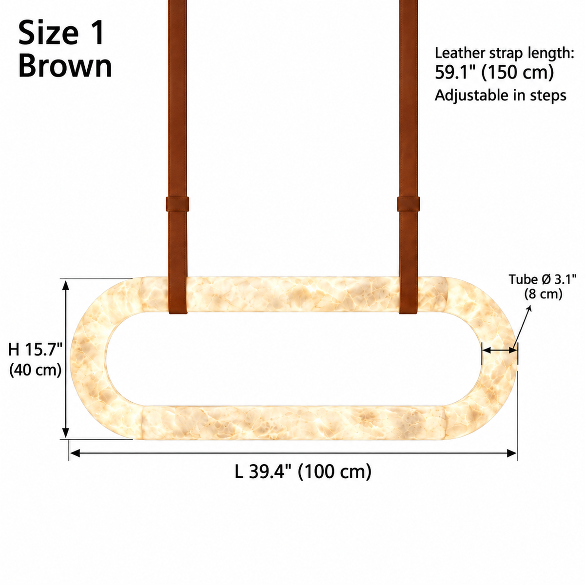 Kova upright alabaster oval chandelier Size 1, brown single straps, L 100 cm x H 40 cm, tube diameter 8 cm, strap length 150 cm | CARRA HOME
