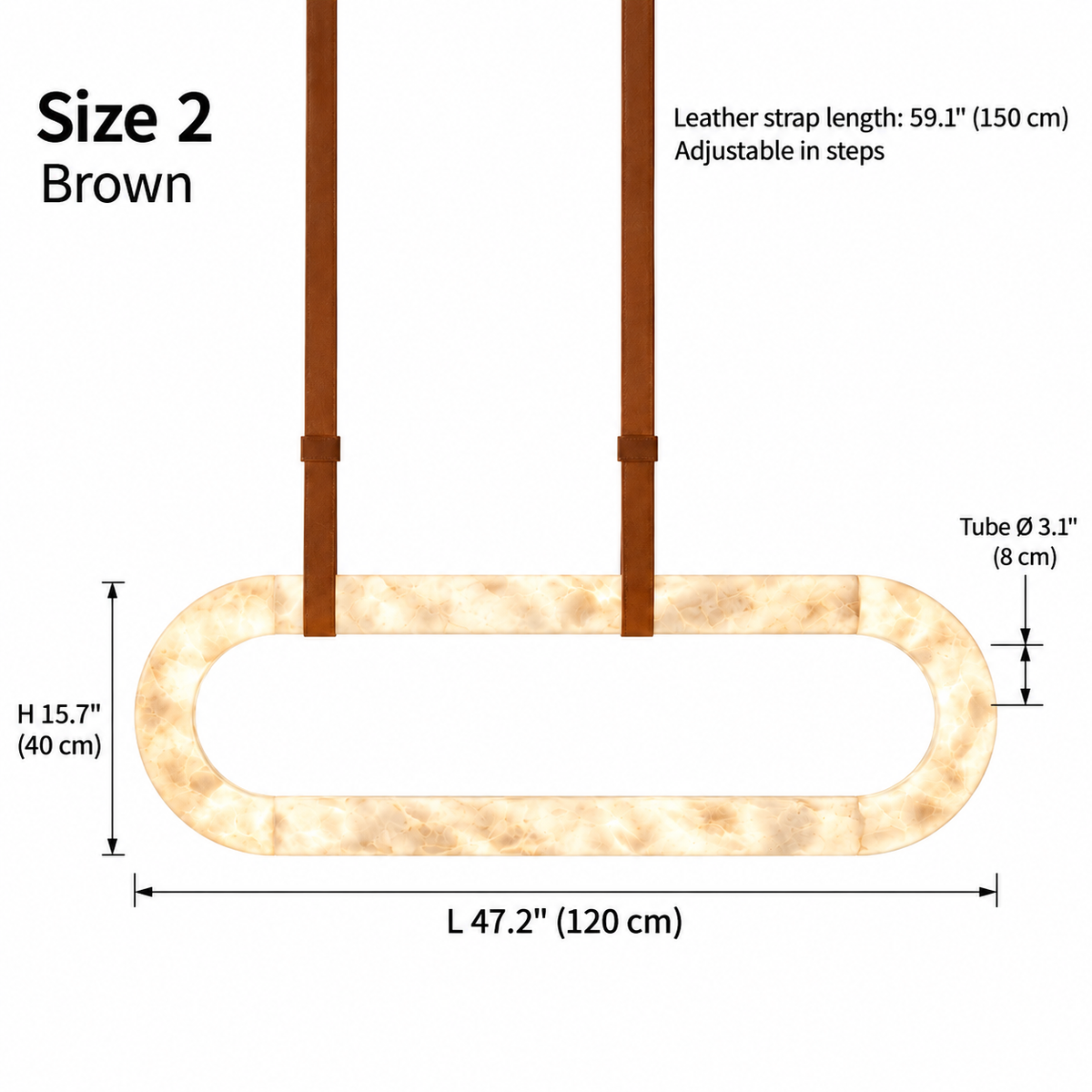 Kova upright alabaster oval chandelier Size 2, brown single straps, L 120 cm x H 40 cm, tube diameter 8 cm, strap length 150 cm | CARRA HOME