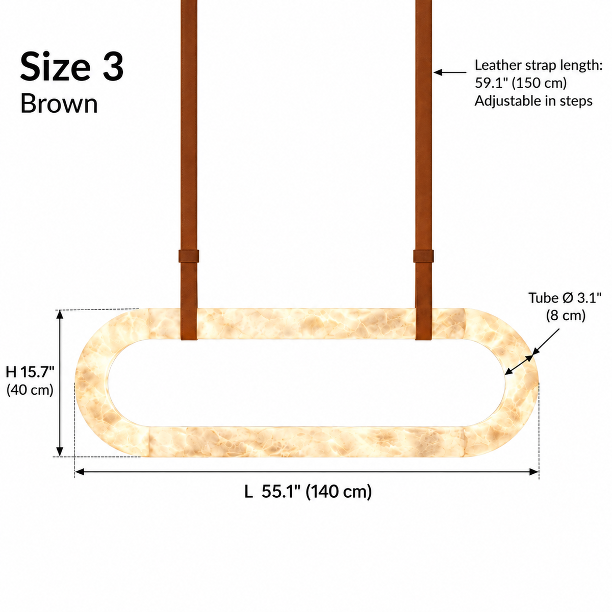 Kova upright alabaster oval chandelier Size 3, brown single straps, L 140 cm x H 40 cm, tube diameter 8 cm, strap length 150 cm | CARRA HOME